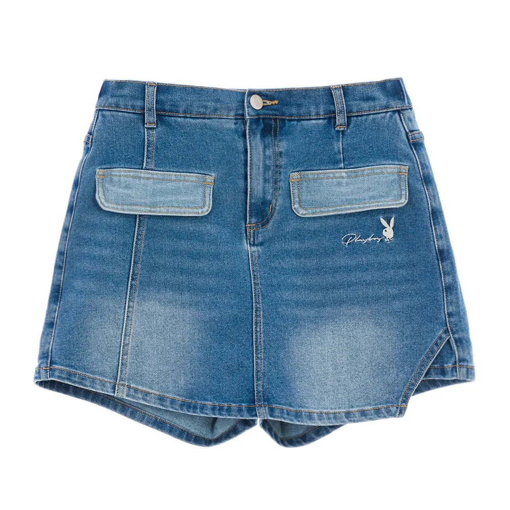【PLAYBOY】撞色袋邊刷色丹寧褲裙(牛仔藍)