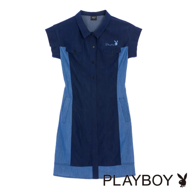 【PLAYBOY】天絲牛仔拼接修身洋裝(藍色)