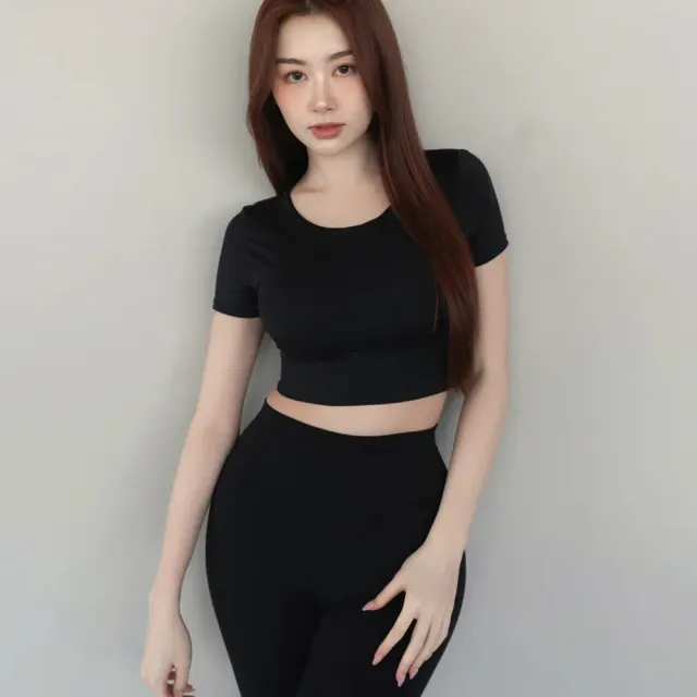 【SeasonsBikini】黑色美背內置胸墊短袖B1004+長褲運動提拉皮斯瑜珈服B1011套裝(瑜珈服bratop皮拉提斯)