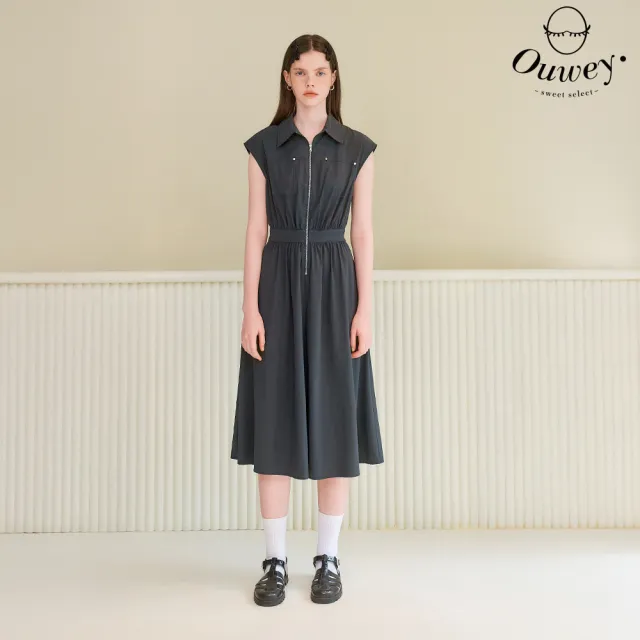 【OUWEY 歐薇】連肩袖半襟拉鍊細褶洋裝(深藍；S-L；3252327538)