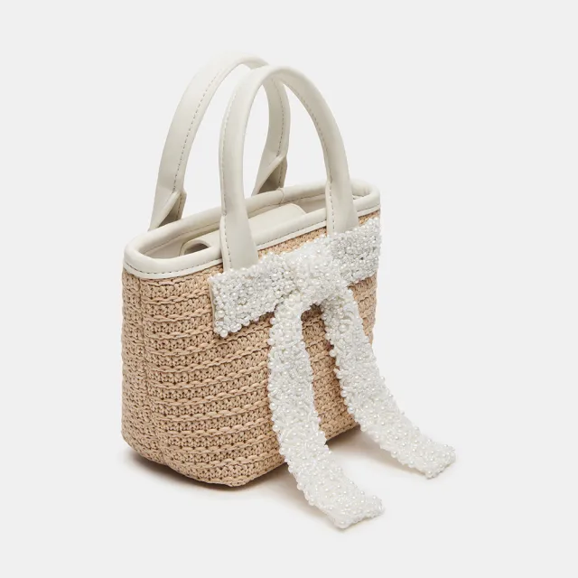 【steve madden】珠珠蝴蝶結草編手提包 BBOWW(白色)