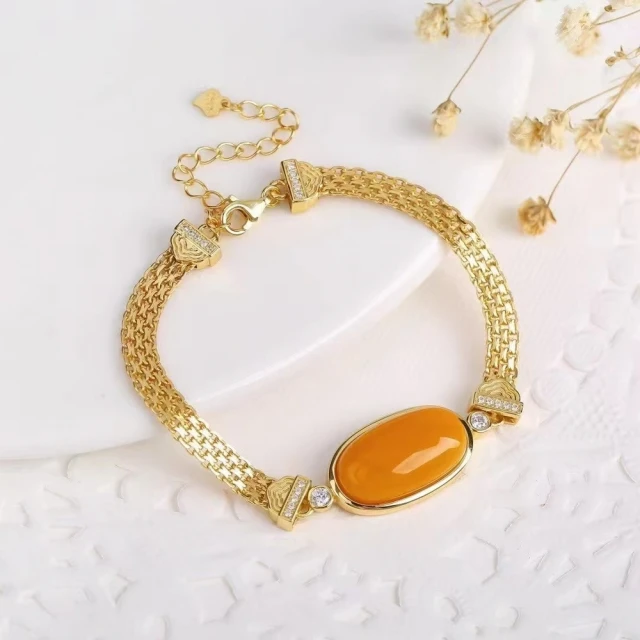 勝弘珠寶勝弘珠寶 波羅的海琥珀蜜蠟編織網格蛋面手鍊