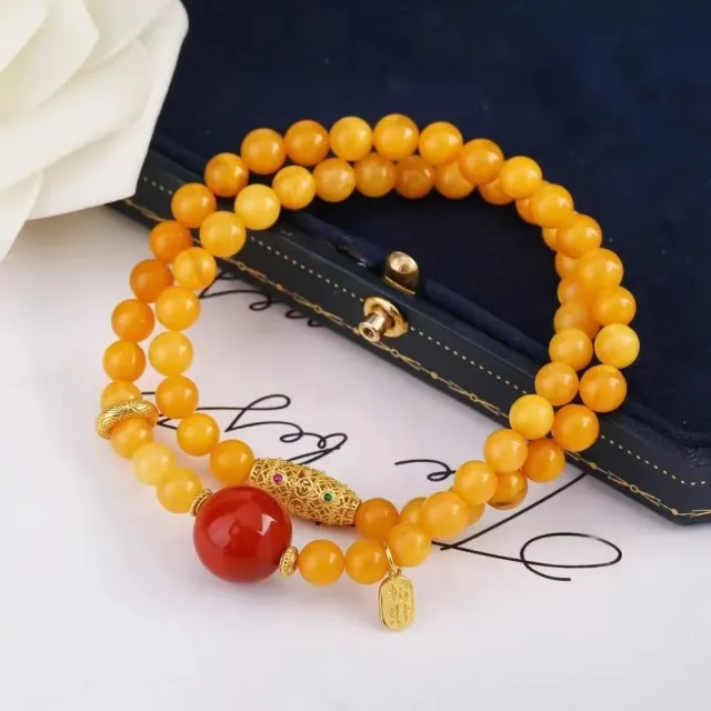 【勝弘珠寶】波羅的海琥珀鴻運當頭雙圈花蠟手串