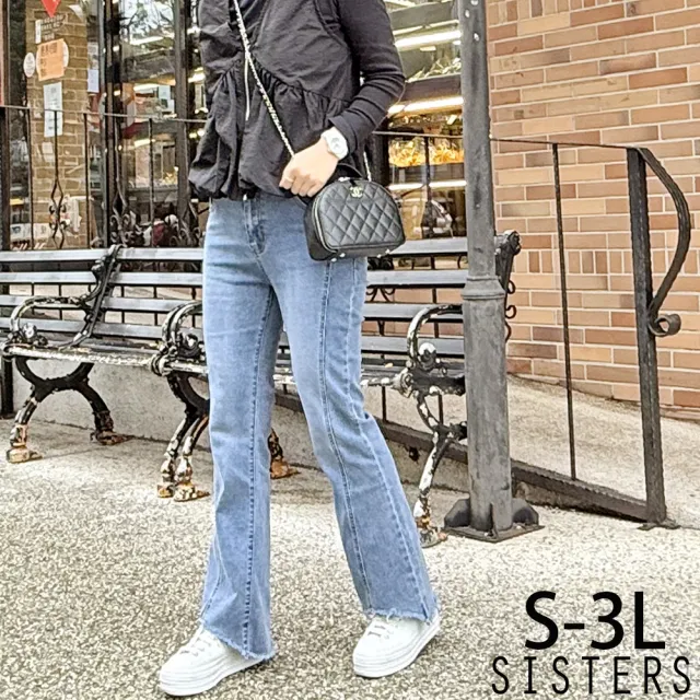 【SISTERS】顯瘦修身丹寧刷痕靴型寬褲 牛仔褲/S-3L(女下著/靴型褲/喇叭褲/女長褲/寬褲/褲子/丹寧)