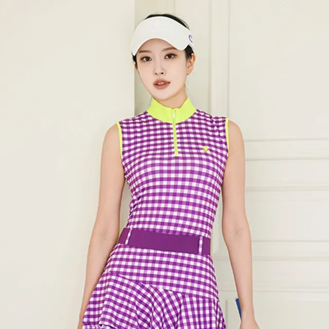 【CHUCUCHU】方格撞色無袖POLO衫 立領背心 背心上衣 高爾夫 女上衣