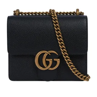 【GUCCI 古馳】Marmont 金色標誌粒紋皮革肩背/斜背二用鍊包(黑色)