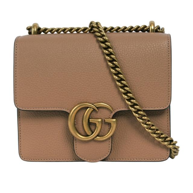 【GUCCI 古馳】Marmont 金色標誌粒紋皮革肩背/斜背二用鍊包(裸粉色)