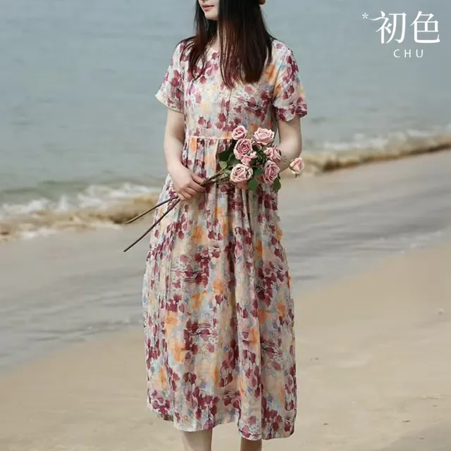 【初色】棉麻風圓領短袖印花綁帶收腰中長連衣裙連身洋裝-花色-10121(M-2XL可選)