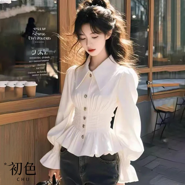 初色 法式鄉村風滿版碎花襯衫領短袖中長裙連衣裙連身洋裝長洋裝