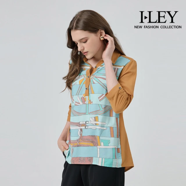 ILEY 伊蕾 絲巾風印花縲縈翻領上衣(卡其；M-2L；1251011504)