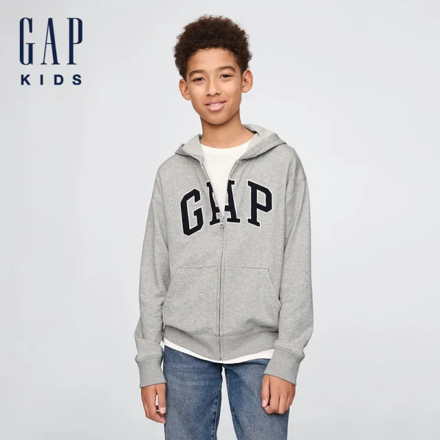 【GAP】男童裝 Logo刺繡連帽外套-灰色(743966)
