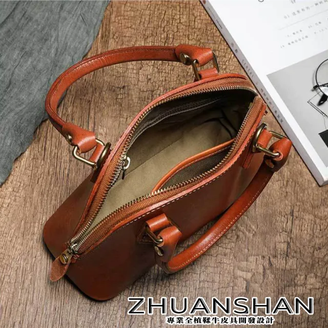 【ZHUANSHAN】真皮 簡約植鞣牛皮小巧貝殼包 手提包 肩背包(真皮包包 咖啡色／黑色／棕色)