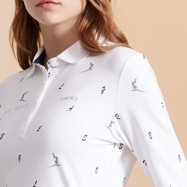 【PING】女款麥穗印花吸濕排汗薄長袖POLO衫-白(GOLF/高爾夫球衫/RA23207-87)