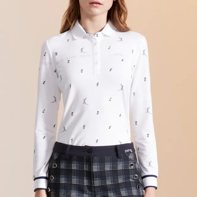【PING】女款麥穗印花吸濕排汗薄長袖POLO衫-白(GOLF/高爾夫球衫/RA23207-87)