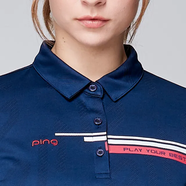 【PING】女款LOGO緹花吸濕排汗薄長袖POLO衫-深藍(GOLF/高爾夫球衫/RA23202-58)