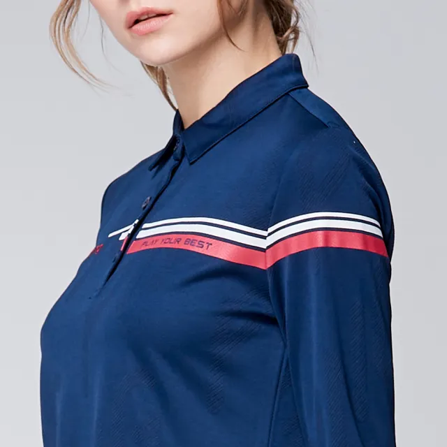 【PING】女款LOGO緹花吸濕排汗薄長袖POLO衫-深藍(GOLF/高爾夫球衫/RA23202-58)