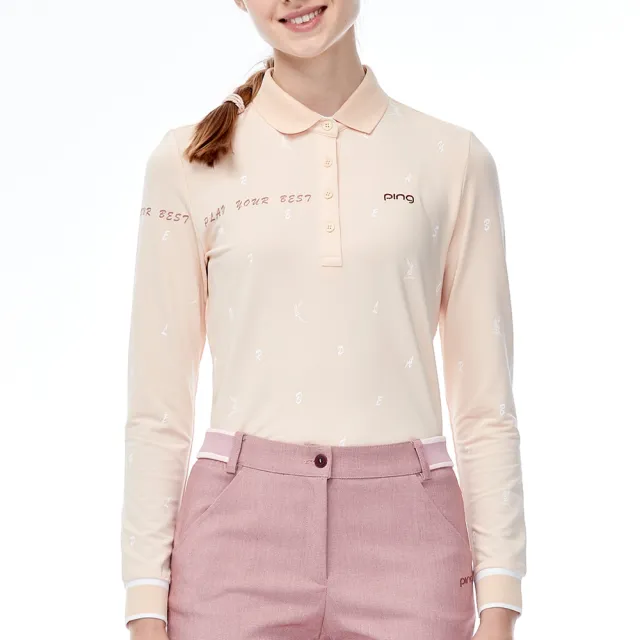 【PING】女款麥穗印花吸濕排汗薄長袖POLO衫-黃(GOLF/高爾夫球衫/RA23207-35)