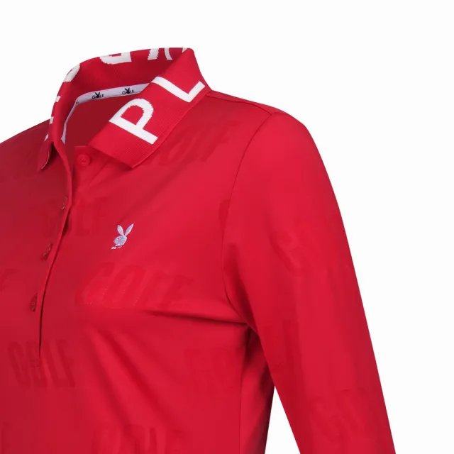 【PLAYBOY GOLF】女款LOGO領片緹花抗菌薄長袖POLO衫-紅(高爾夫球衫/KA23208-18)