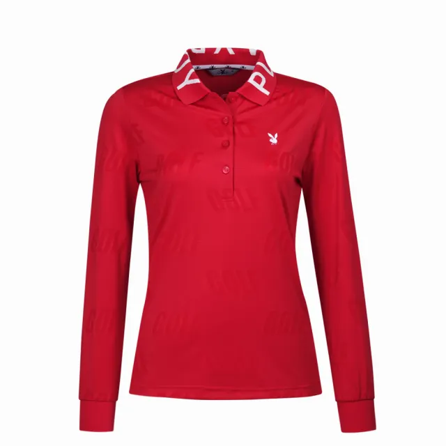【PLAYBOY GOLF】女款LOGO領片緹花抗菌薄長袖POLO衫-紅(高爾夫球衫/KA23208-18)