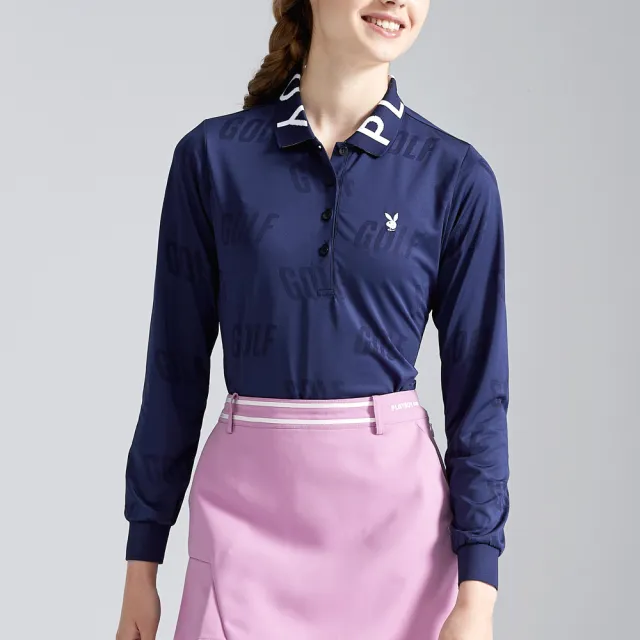 【PLAYBOY GOLF】女款LOGO領片緹花抗菌薄長袖POLO衫-深藍(高爾夫球衫/KA23208-58)