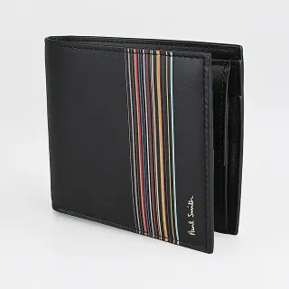 【Paul Smith】Paul Smith 金字燙印LOGO彩色條紋設計小牛皮短夾(黑)