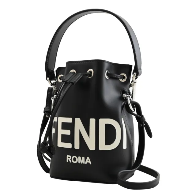 【FENDI 芬迪】經典品牌LOGO小牛皮束口迷你手提包水桶包兩用包(黑)