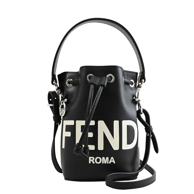 【FENDI 芬迪】經典品牌LOGO小牛皮束口迷你手提包水桶包兩用包(黑)