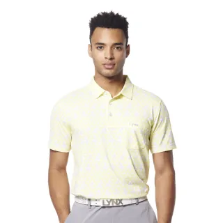【Lynx Golf】男款吸溼排汗機能滿版配色線條印花Lynx繡花胸袋款短袖POLO衫/高爾夫球衫(淺黃色)