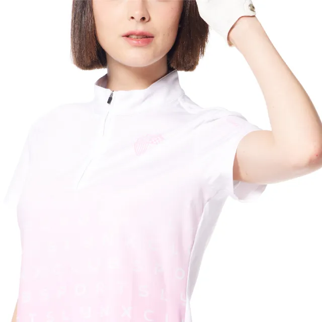 【Lynx Golf】女款吸溼排汗機能漸層色系盾牌造型印花下擺開叉短袖立領POLO衫/高爾夫球衫(白/粉色)