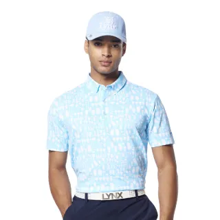 【Lynx Golf】男款吸濕排汗機能滿版高爾夫GOLF左臂繡花領尖扣造型短袖POLO衫/高爾夫球衫(水藍色)