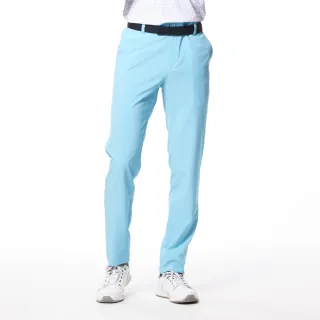 【Lynx Golf】男款四面彈性布料材質基本款素面造型山貓繡花平口休閒長褲(天藍色)