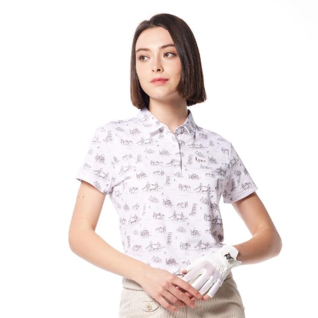 【Lynx Golf】女款吸溼排汗機能滿版觀光景點圖樣Lynx繡花短袖POLO衫/高爾夫球衫(白色)
