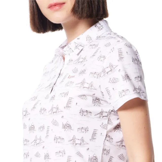 【Lynx Golf】女款吸溼排汗機能滿版觀光景點圖樣Lynx繡花短袖POLO衫/高爾夫球衫(白色)