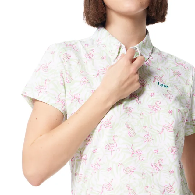 【Lynx Golf】女款吸濕排汗花草鶴印花領尖扣繡花設計短袖POLO衫/高爾夫球衫(淺綠色)