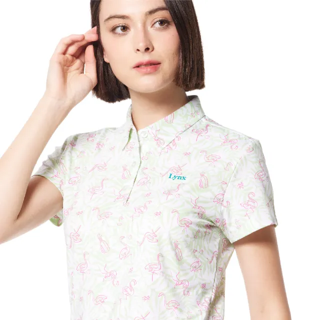 【Lynx Golf】女款吸濕排汗花草鶴印花領尖扣繡花設計短袖POLO衫/高爾夫球衫(淺綠色)