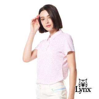 【Lynx Golf】女款吸溼排汗機能滿版花磚排列印花造型Lynx繡花短袖POLO衫/高爾夫球衫(桃粉色)