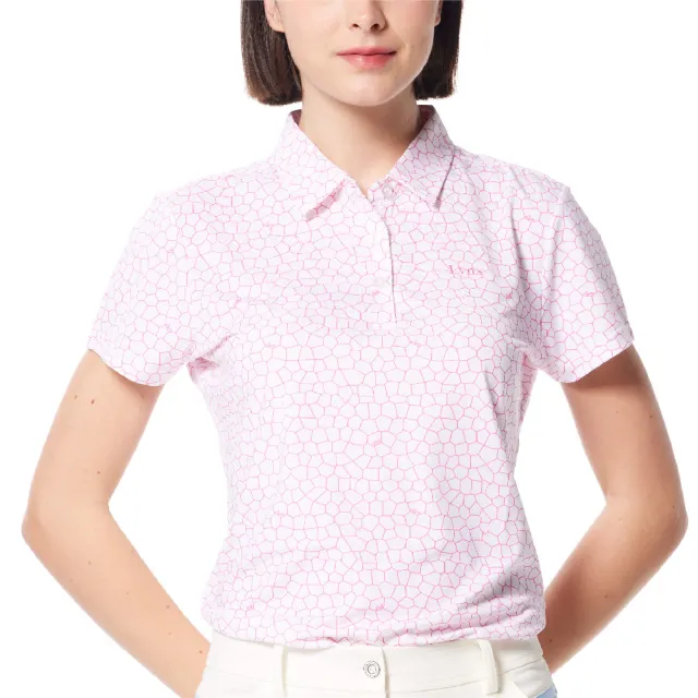 【Lynx Golf】女款吸溼排汗機能滿版花磚排列印花造型Lynx繡花短袖POLO衫/高爾夫球衫(桃粉色)