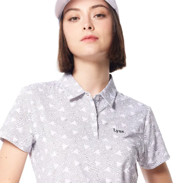 【Lynx Golf】女款吸汗速乾三角線條幾何印花Lynx字樣繡花造型短袖POLO衫/高爾夫球衫(白/黑色)