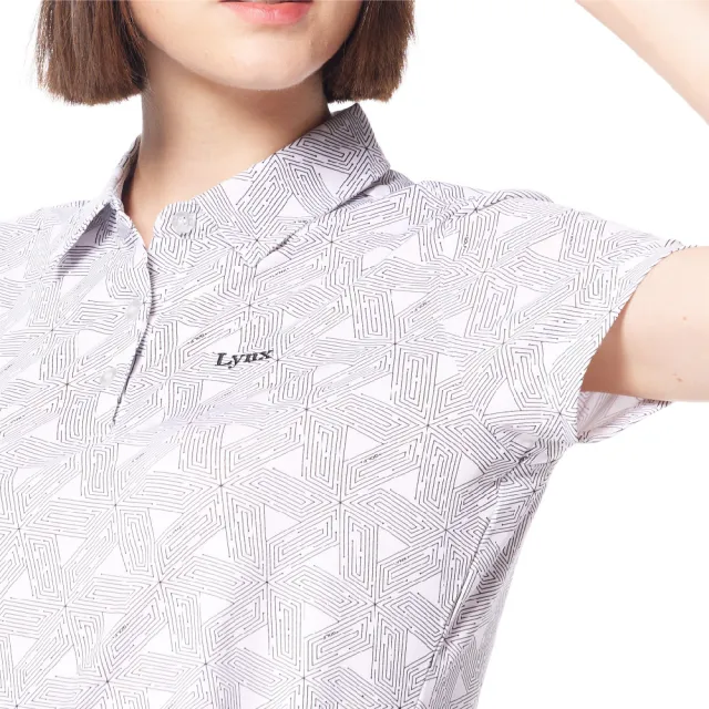【Lynx Golf】女款吸汗速乾三角線條幾何印花Lynx字樣繡花造型短袖POLO衫/高爾夫球衫(白/黑色)