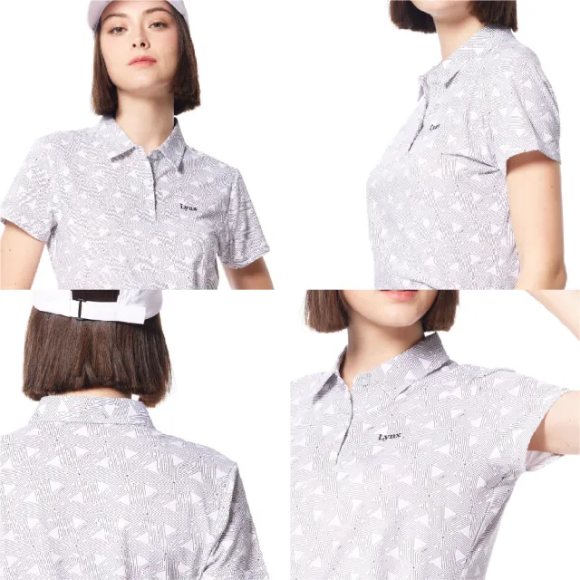 【Lynx Golf】女款吸汗速乾三角線條幾何印花Lynx字樣繡花造型短袖POLO衫/高爾夫球衫(白/黑色)