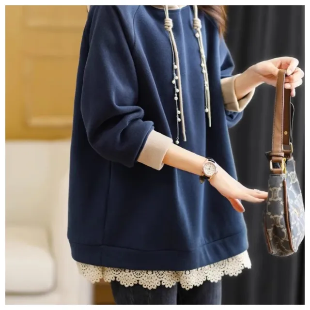 【ASister 小姊姊】*出清品*現貨在庫★加絨休閒帽T☆中大尺碼*連帽下襬蕾絲造型*上衣/衛衣(#AS1017)