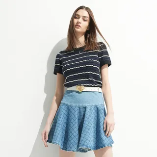 【iROO】菱格線牛仔圓裙