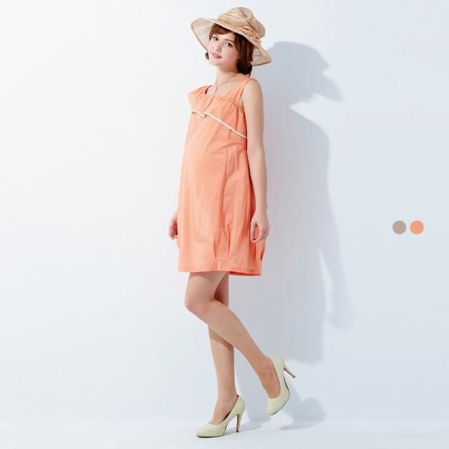 【Gennies 奇妮】浪漫風斜肩式洋裝-橘/灰(孕婦裝 造型袖 綁帶 歐歐咪妮)