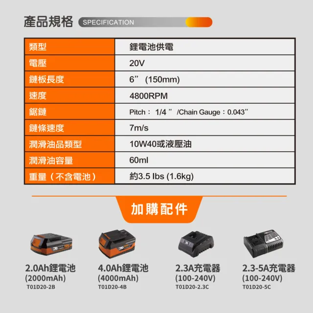 【ETQ USA】20V鋰電迷你鏈鋸-空機(6吋/免安裝/迷你鏈鋸)