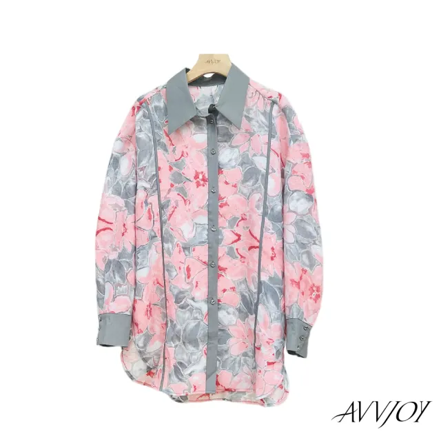【AVVJOY 艾薇卓爾】撞色印花襯衫(襯 上衣 長袖 氣質 襯衫 長袖女 襯衫女 長袖襯衫 CLA0425TP)