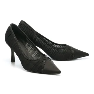 【AS 集團】奢華高雅純色燙鑽網紗尖頭高跟鞋(黑)