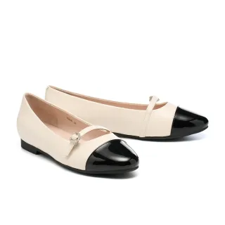 【BYHUE】別致優雅晶鑽愛心釦繫帶全真皮瑪莉珍軟芯Q底平底鞋(米白)