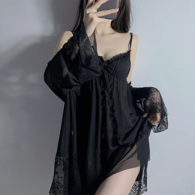 【RoseMi 瑰覓】大尺碼睡衣薄紗荷葉開叉吊帶睡裙丁字褲長袖外袍8697(成套多件組情趣性感睡衣角色扮演洋裝)