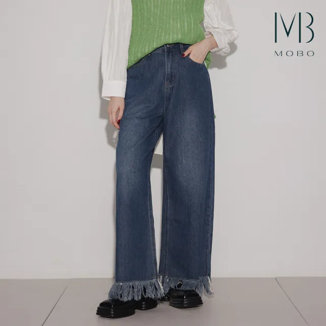 【MO-BO】特殊抽鬚造型牛仔寬褲