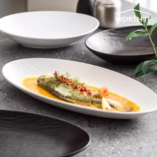 【渥思】法式石紋陶瓷魚盤-12吋(餐盤.長盤.餐具.盤子.壽司盤)